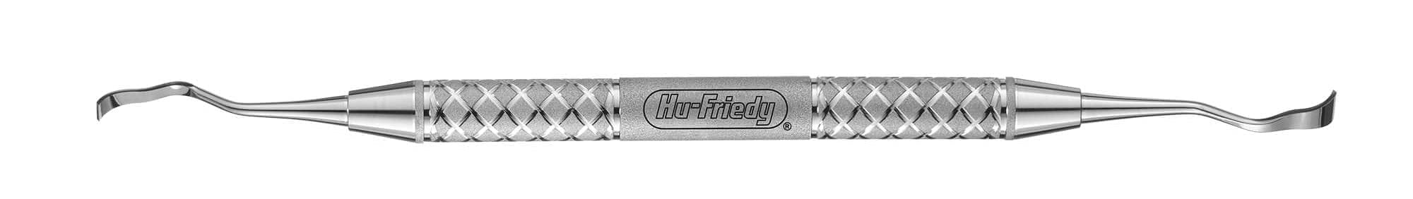 The Hu-Friedy 13K/13KL Surgical Chisels are stainless steel periodontal tools with a textured grip and curved scrapers on both ends, featuring the Hu-Friedy brand engraved in the center.