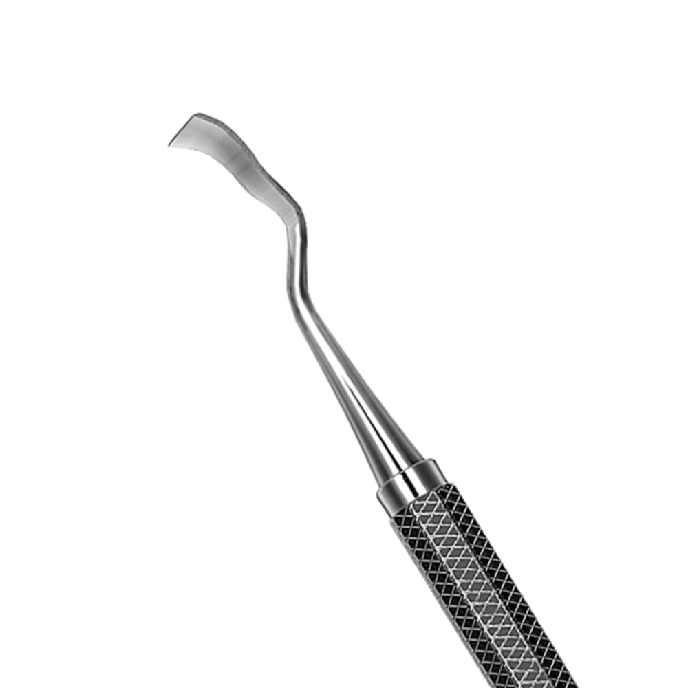 A close-up of Hu-Friedy 13K/13KL Surgical Chisels, showing their textured metal handles and curved, flat-ended blades, used for bone recontouring in dental procedures.