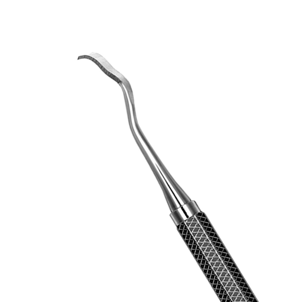 A close-up of a dental scaler with a textured handle and pointed tip next to Hu-Friedy 13K/13KL Surgical Chisels by Hu-Friedy, both used for dental procedures, set against a white background.