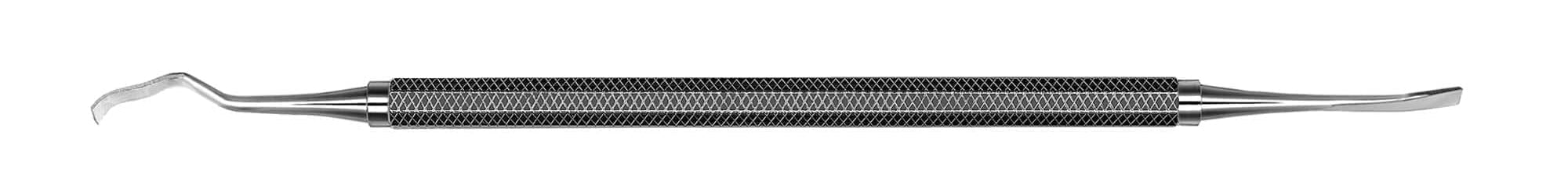 The Hu-Friedy 13K/TG Curette/Chisels by Hu-Friedy is a stainless steel dental tool with a textured grip and angled, curved tips on both ends, designed for procedures such as scaling and tooth cleaning.