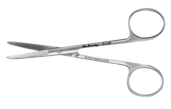 A pair of Hu-Friedy 13/13S Suture Scissors (Notched Tip) by Hu-Friedy, with stainless steel construction and finger loops, ideal for dental suture removal, displayed on a white background.