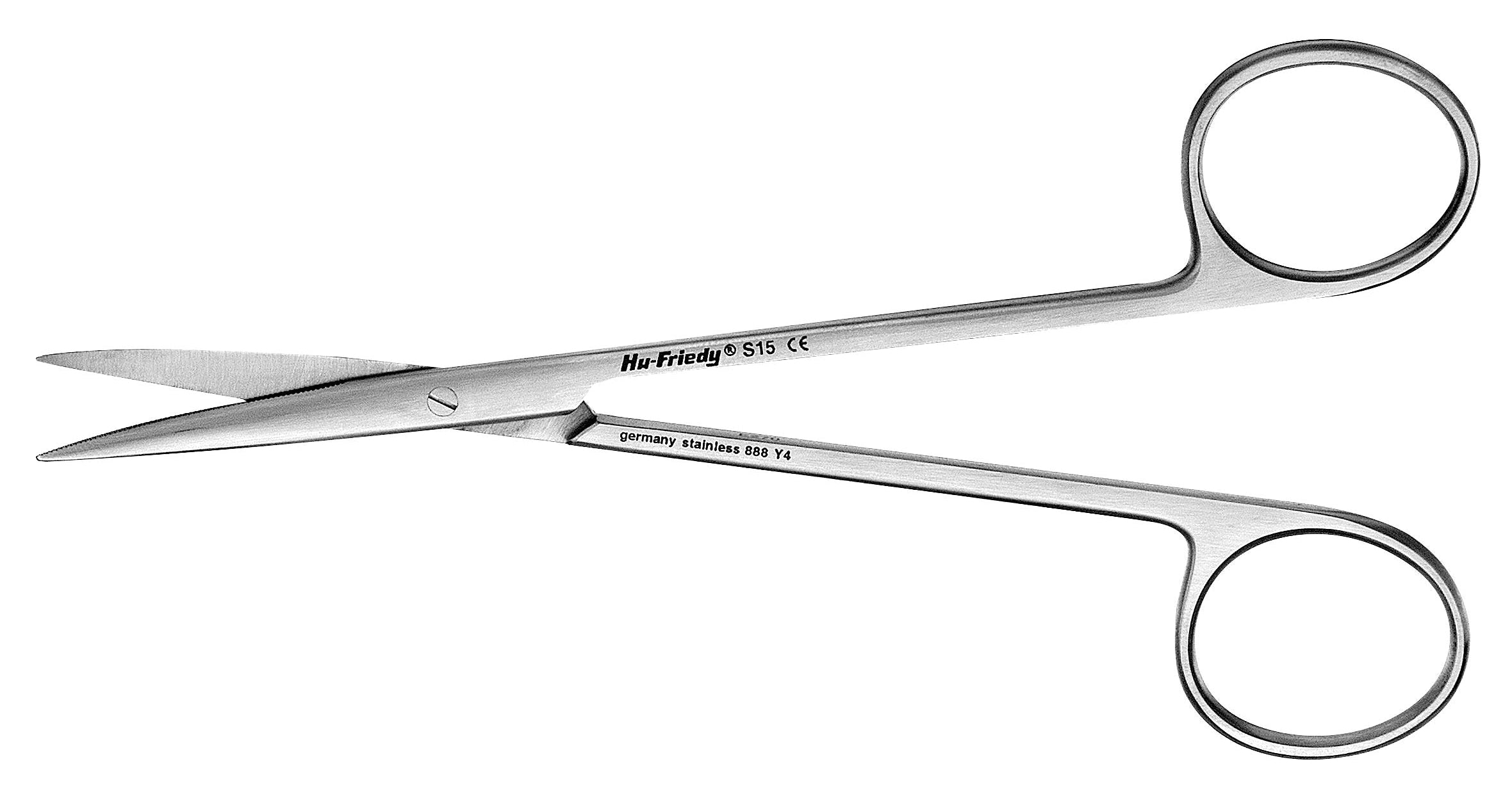 The Hu-Friedy #15 Sullivan Serrated Soft-Tissue Scissors (14 cm, Xemax) feature stainless steel, slightly curved pointed blades and two finger loops, ideal for suture cutting or precise gingival procedures, shown on a white background.