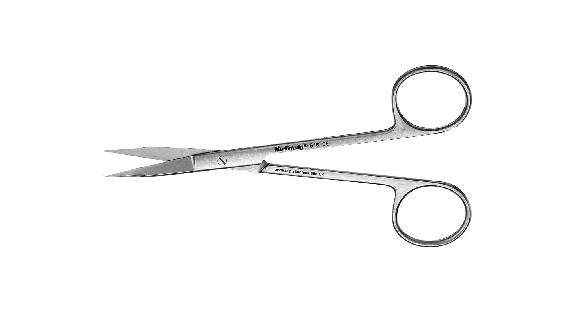 The Hu-Friedy Goldman-Fox Scissors by Hu-Friedy are small stainless steel periodontal scissors with rounded finger holes and sharp, straight blades, designed for precise soft-tissue handling, shown open on a white background.