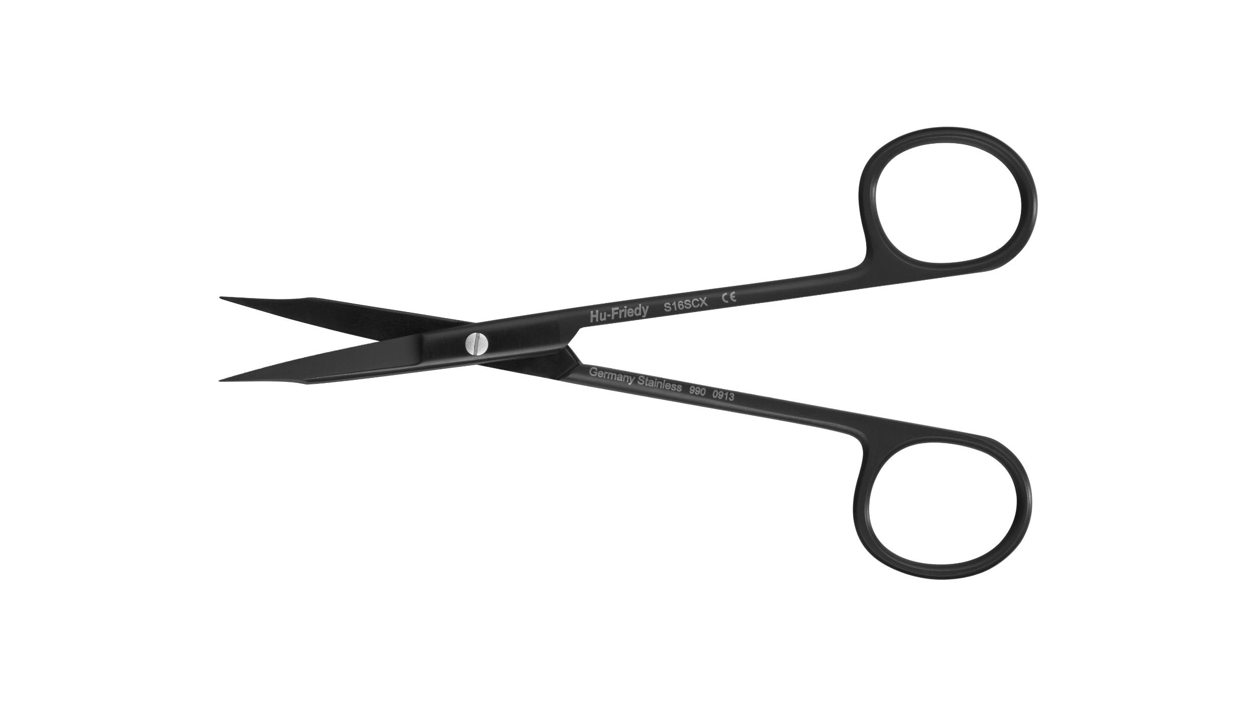 Hu-Friedy Goldman-Fox Scissors by Hu-Friedy: black, fine-tipped periodontal scissors with finger loops, designed for precise soft-tissue handling in oral surgery, shown open on a white background.