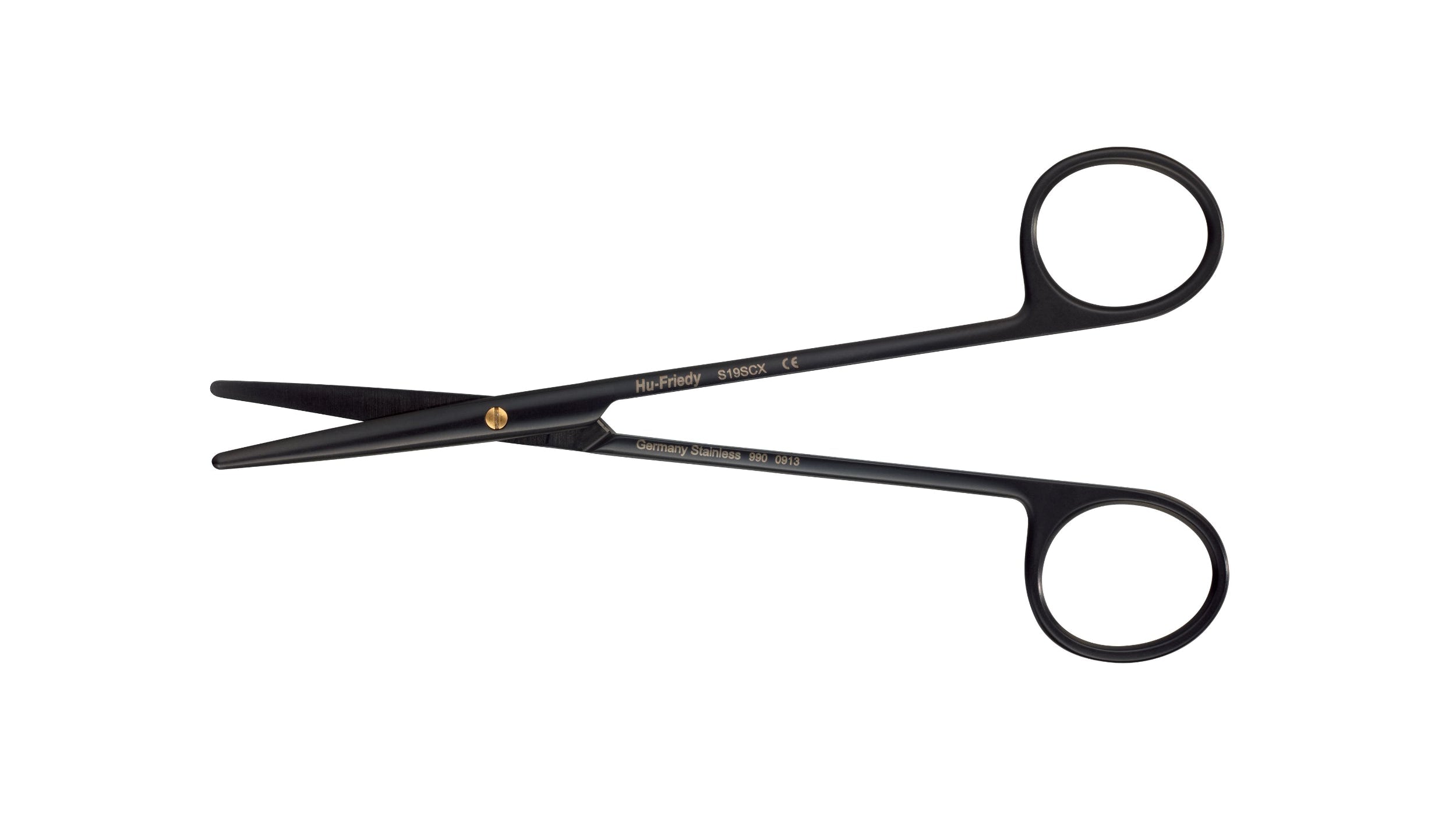 Hu-Friedy Metzenbaum Scissors (Xemax), shown on a white background, feature blunt tips, round finger holes, medical markings, and a gold pivot screw—ideal for soft-tissue dissection in periodontal surgery. Available in curved and straight designs.
