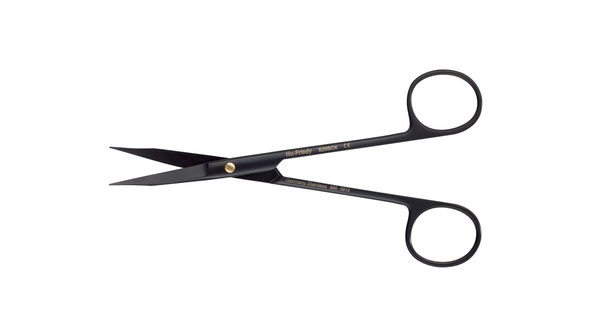 The Hu-Friedy Goldman-Fox Scissors by Hu-Friedy are black, stainless steel periodontal scissors with sharp pointed blades and two circular handles for precise soft-tissue handling, displayed against a white background.