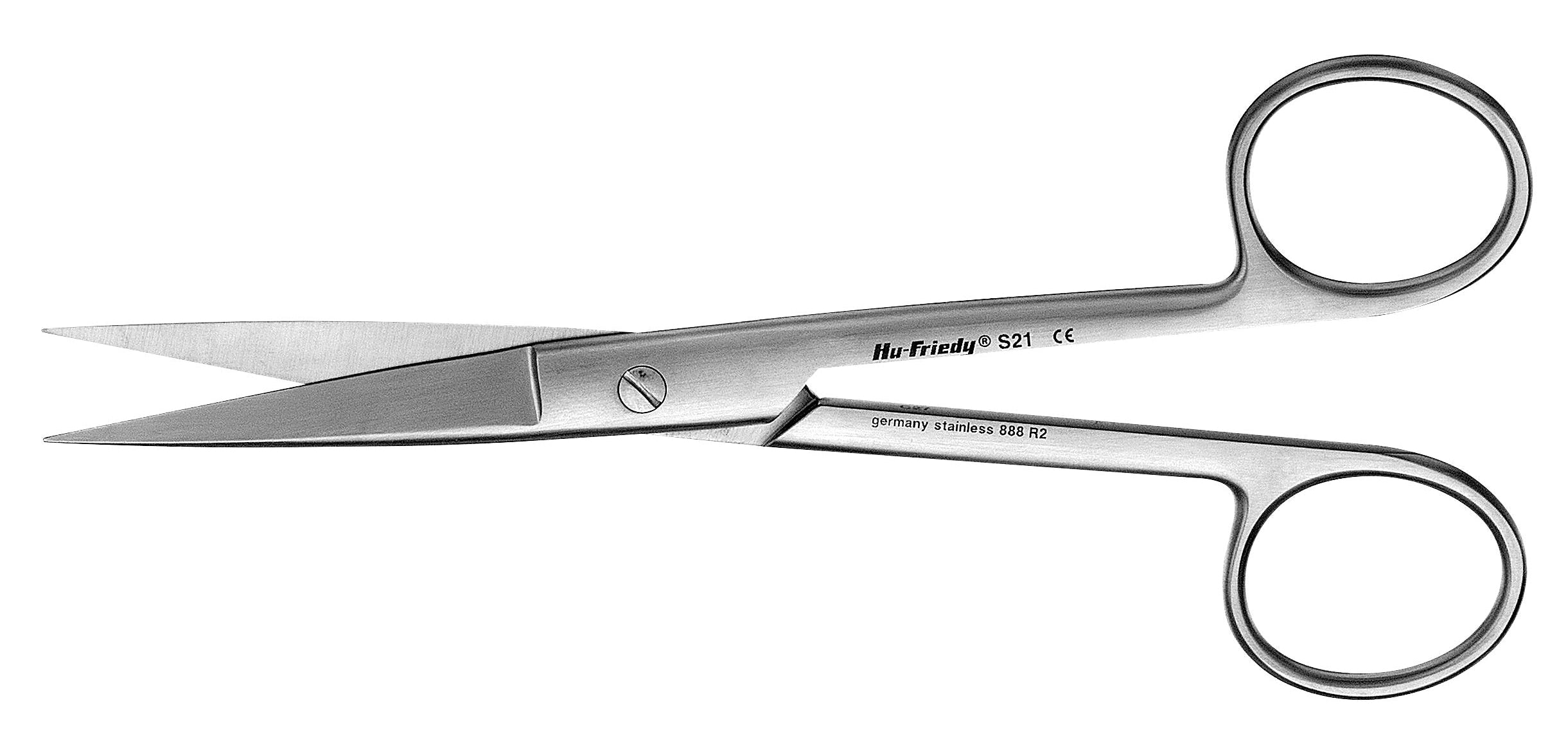 Hu-Friedy 21/22/23 Xemax Surgical Scissors, general-purpose with curved and straight options, feature offset ring handles and sharp, pointed blades. Stainless steel design shown on a white background.