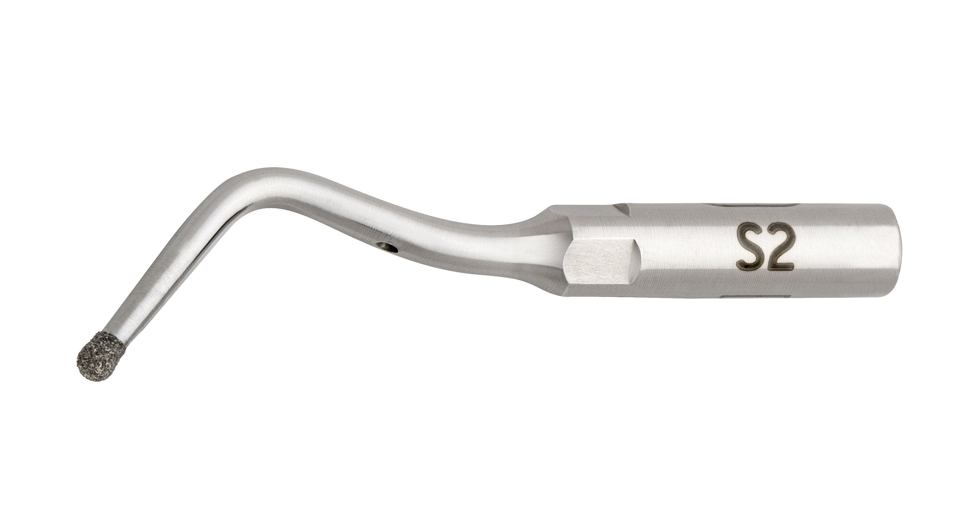 The W&H S2 tip for Piezomed is a metal dental tool with a textured, angled S2 tip and "S2" engraved on its cylindrical handle, designed for sinus surgery, shown on a white background.