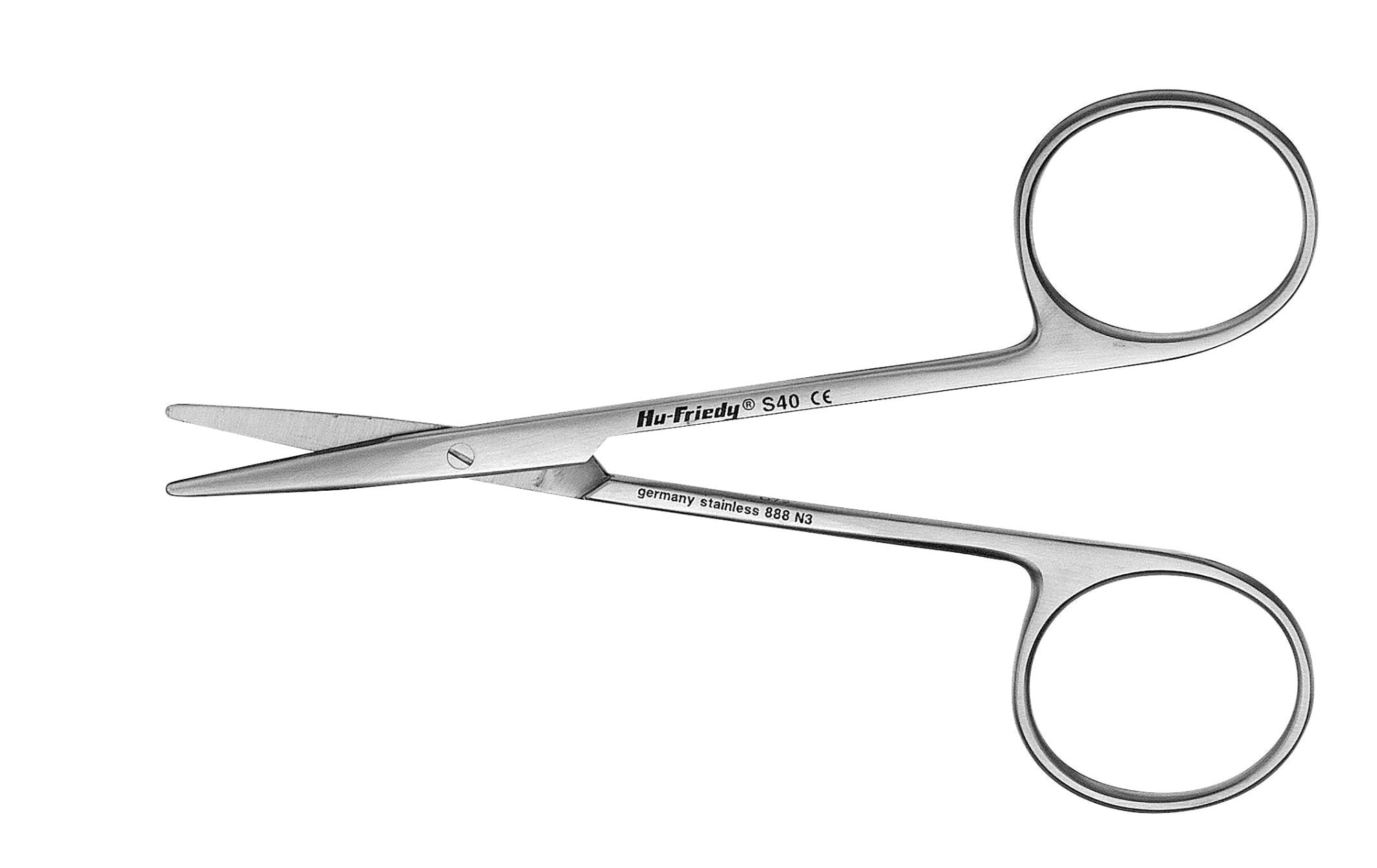 The Hu-Friedy Strabismus Scissors, made of stainless steel with rounded tips and two finger holes, are shown on a white background with blades slightly open.