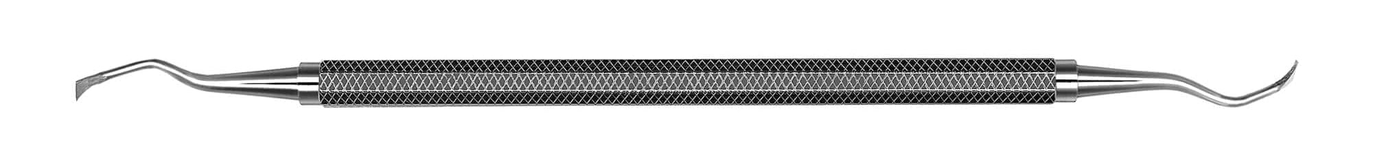 The Hu-Friedy 44/45 Remington Periodontal Hoe Scaler/Chisels is a double-ended, surgical-grade stainless steel scaler with a textured handle and curved tips for effective tooth cleaning and periodontal bone removal.
