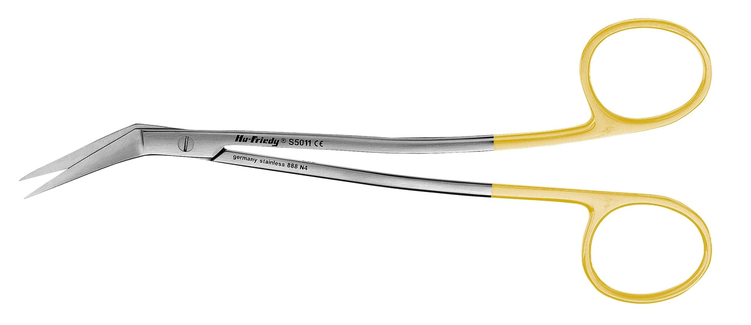 A pair of angled Hu-Friedy Locklin Scissors with gold finger rings and metallic blades, marked "Germany Stainless 1.4404 R14," features a precise serrated cutting edge.
