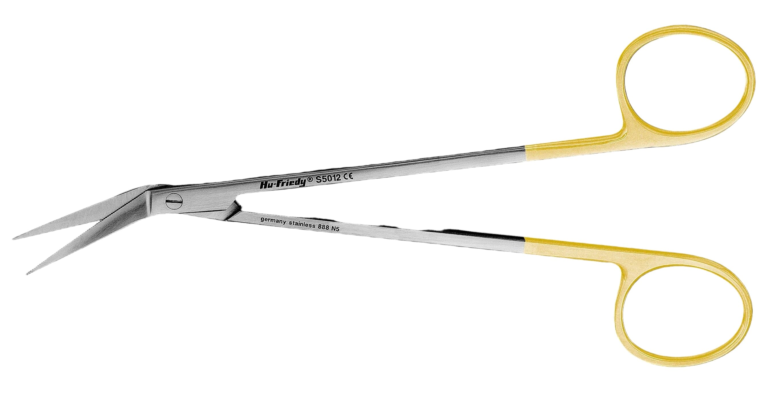A pair of Hu-Friedy Locklin Scissors from Hu-Friedy, featuring curved, serrated blades and yellow and silver handles, is displayed against a white background.