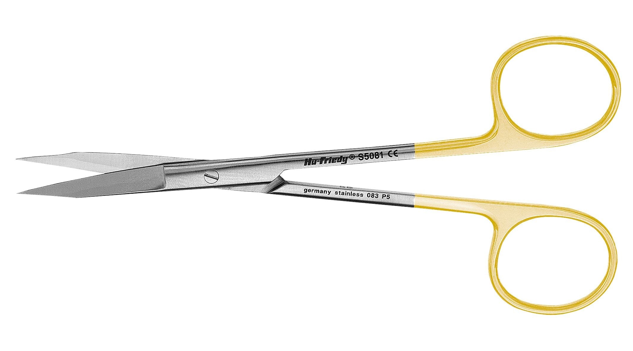 Hu-Friedy Goldman-Fox Scissors by Hu-Friedy feature yellow finger loops and curved stainless steel blades for precise soft-tissue handling, shown on a white background.