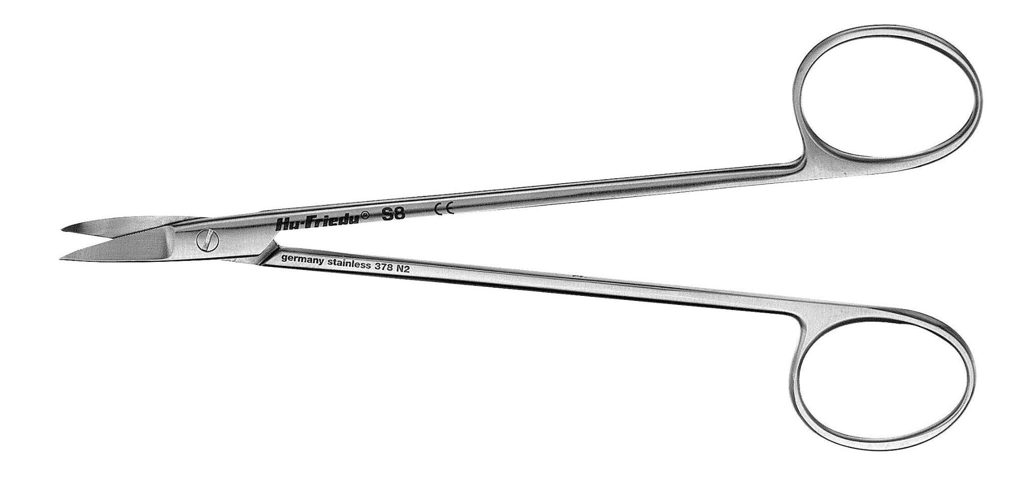 The Hu-Friedy #8 Quinby Scissors by Hu-Friedy are stainless steel, short-blade scissors with angled sharp tips and dual finger rings, designed for precise intraoral cutting, shown on a white background.