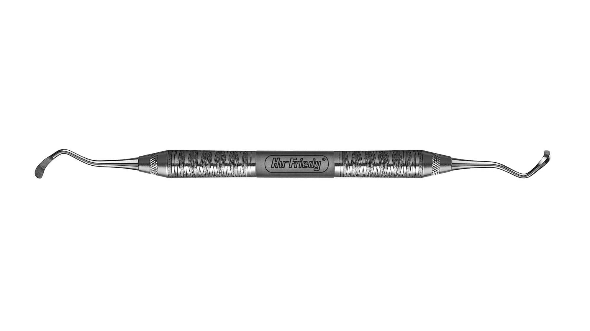 The Hu-Friedy Sinus Curette 1 is a double-ended stainless steel instrument with a textured grip and curved tips on both ends, designed for precise dental or sinus surgery procedures.