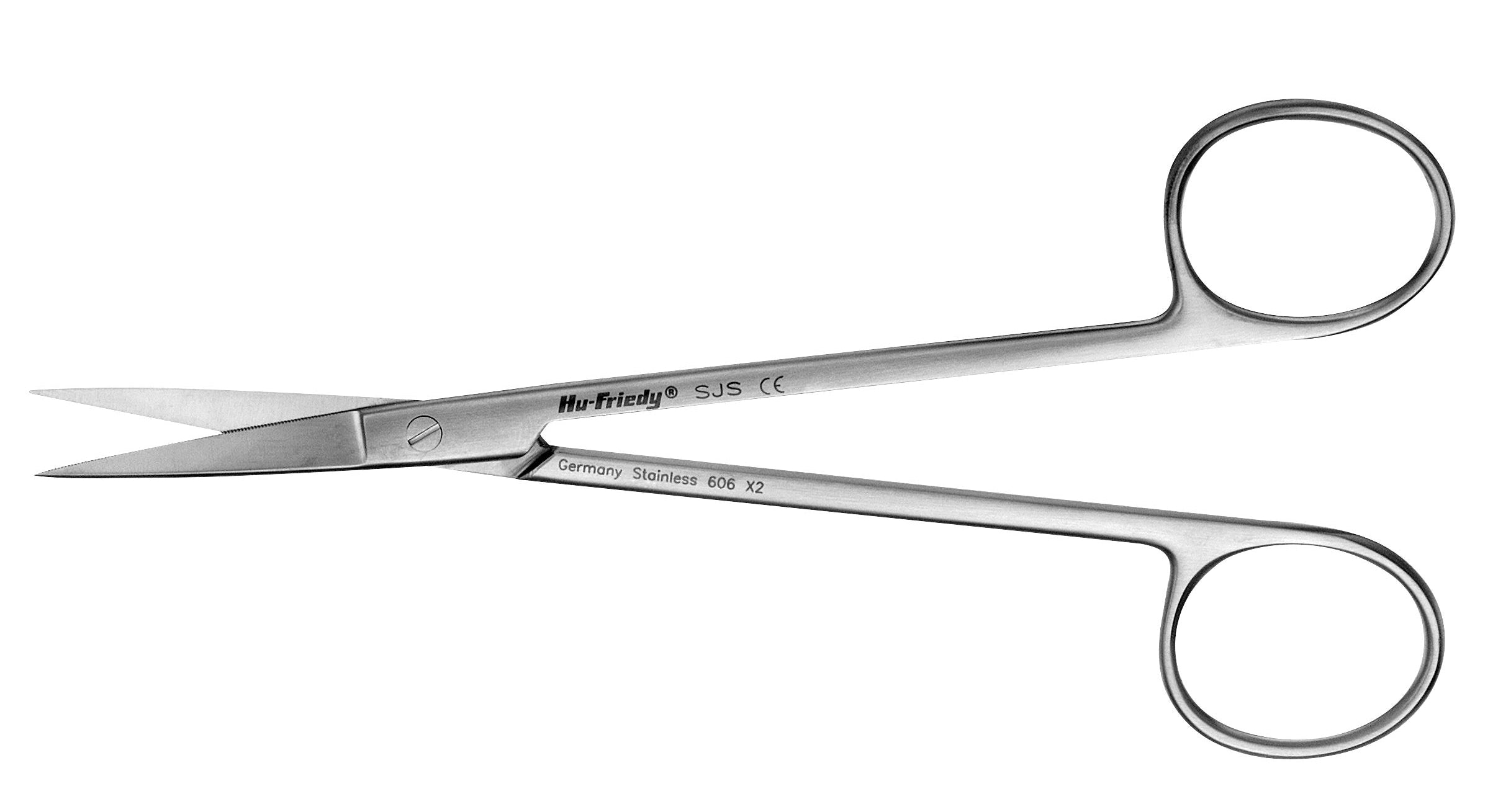 The Hu-Friedy Joseph Scissors, stainless steel with straight blades and finger loops, are ideal for soft-tissue trimming or suture cutting. Serrated Xemax design. Isolated on a white background.