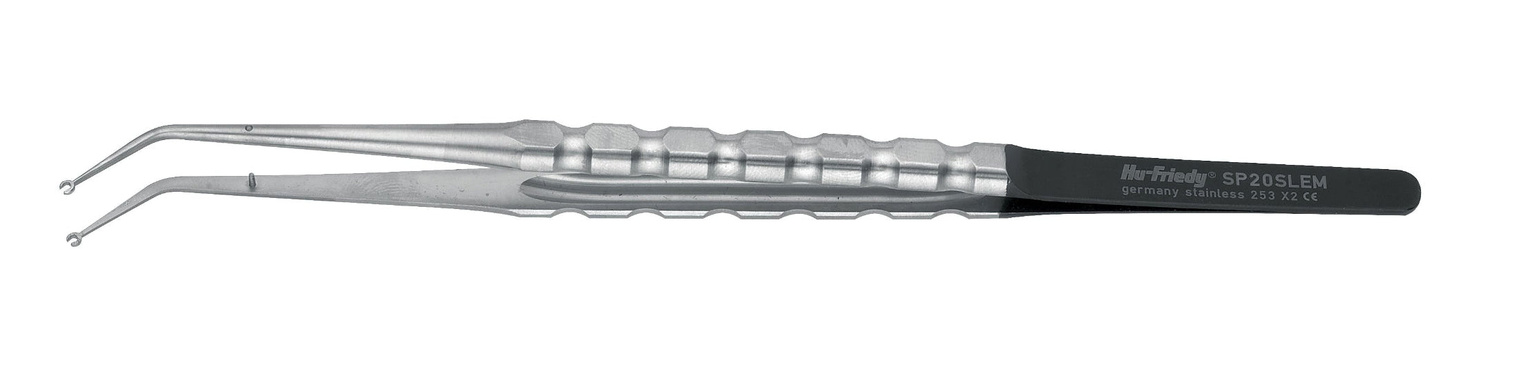 The Hu-Friedy 20 Corn Suture Pliers, made of stainless steel with two angled hook-shaped tips and a textured grip marked “SP20SLEM germany stainless,” are ideal for use as suture pliers or other microsurgical dental instruments.