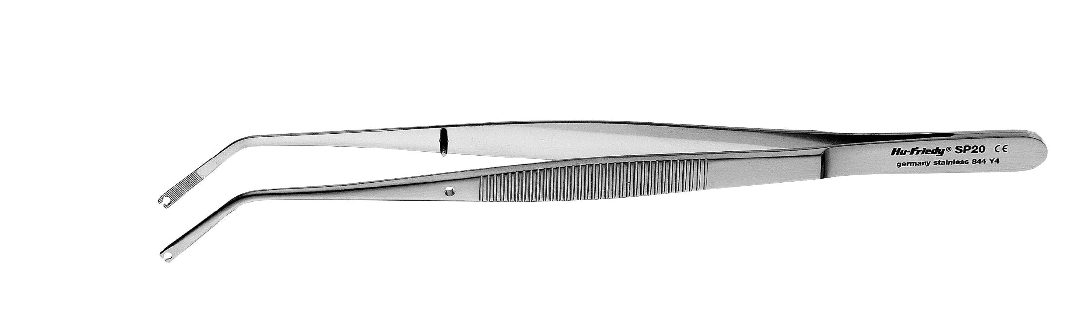 The Hu-Friedy 20 Corn Suture Pliers are angled stainless steel tweezers with grooved grips and small flat tips, often used as microsurgical dental instruments. Specifications and the Hu-Friedy brand are labeled on the tool.