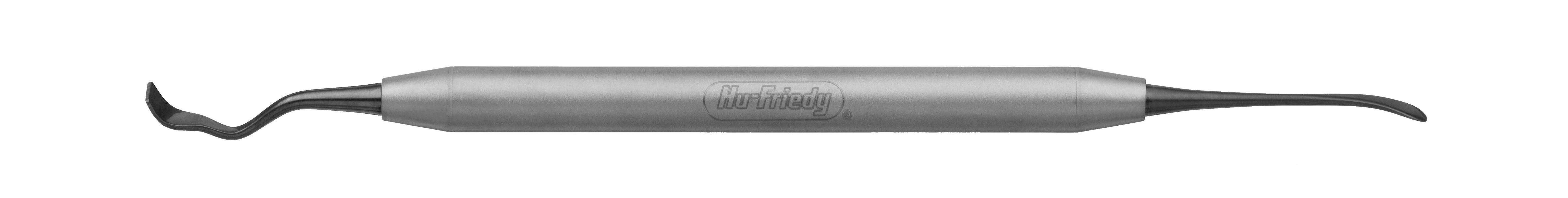 The Hu-Friedy Palacci Back Action Chisels by Hu-Friedy are stainless steel instruments with curved, pointed ends on each side, designed for cleaning and examining teeth.