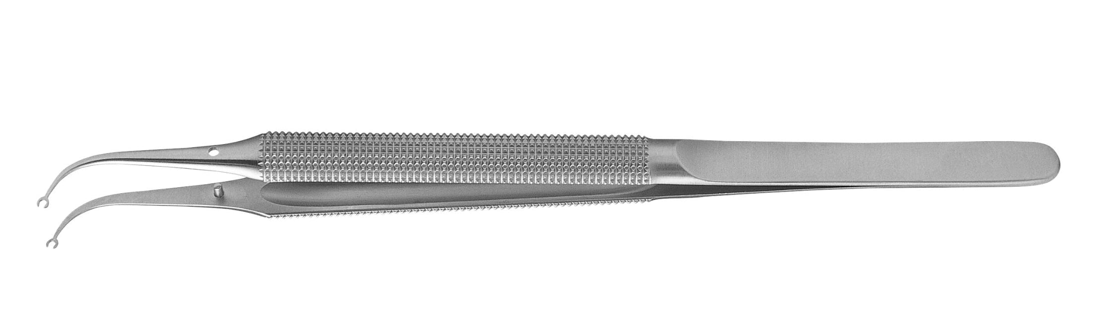 The Hu-Friedy 20 Corn Suture Pliers by Hu-Friedy are stainless steel dental instruments with textured grips, featuring both a flat, wide spatula end and thin, curved hooks—ideal for precision microsurgical tasks.