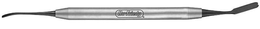The Hu-Friedy Swiss Perio Periosteal Elevator is a double-ended stainless steel dental tool with a Black Line finish, featuring a curved tip and flat, angled blade, designed for periosteal procedures.