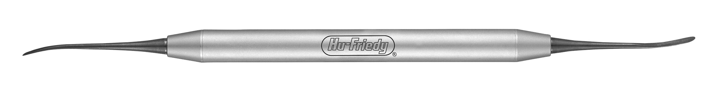 The Hu-Friedy Swiss Perio Periosteal Elevators are double-ended dental tools with a metallic cylindrical handle and curved, pointed tips, commonly used in periodontal surgery.