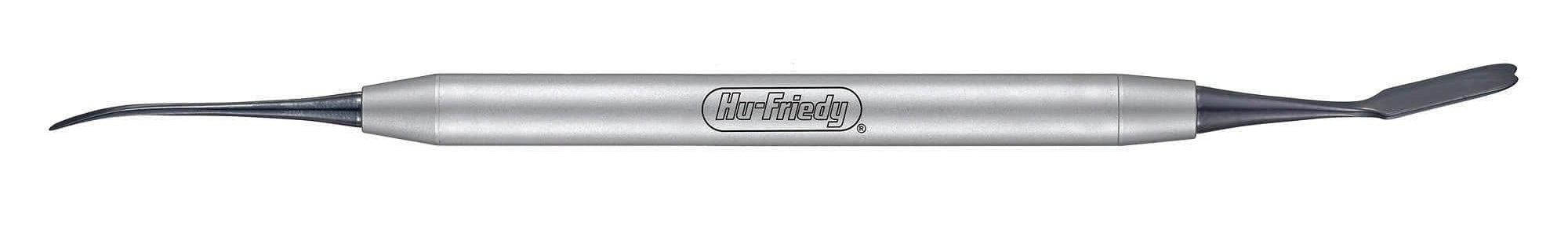 The Hu-Friedy Swiss Perio Periosteal Elevator features a metallic handle with two tips—one curved and pointed, the other flat and rounded—making it ideal for use in periodontal surgery.