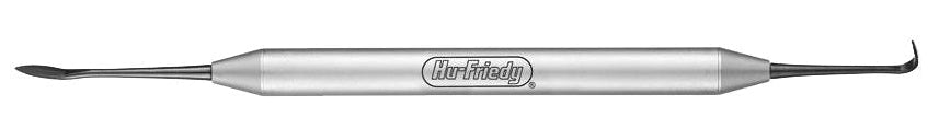 The Hu-Friedy Swiss Perio Periosteal Elevator is a metal dental tool with textured grip, one curved tip and one flat, rounded tip—ideal for periodontal surgery and inspired by Swiss Perio instruments.