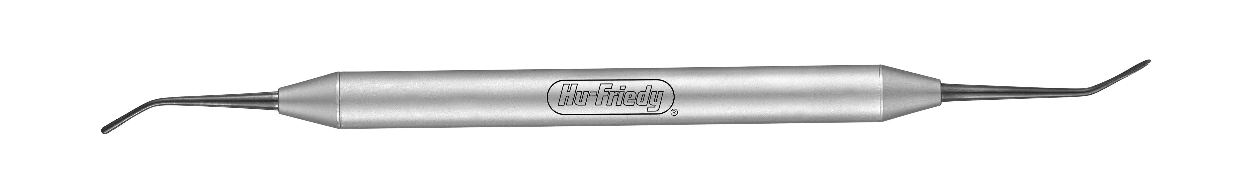 The Hu-Friedy Swiss Perio Periosteal Elevator features double-ended curved metal tips and a cylindrical, metallic handle engraved with the Hu-Friedy logo, making it ideal for periodontal surgery.