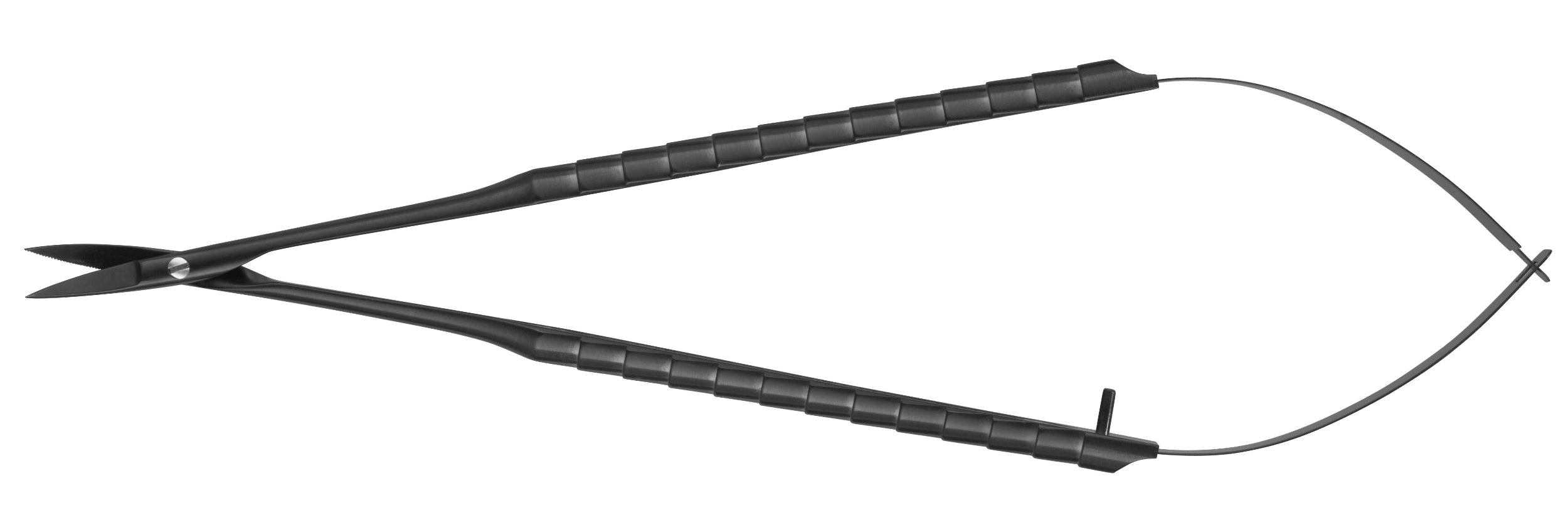 Hu-Friedy Castroviejo Microsurgical Scissors by Hu-Friedy, featuring black long textured handles and a curved spring mechanism, reminiscent of those used in periodontal microsurgery, isolated on a white background.