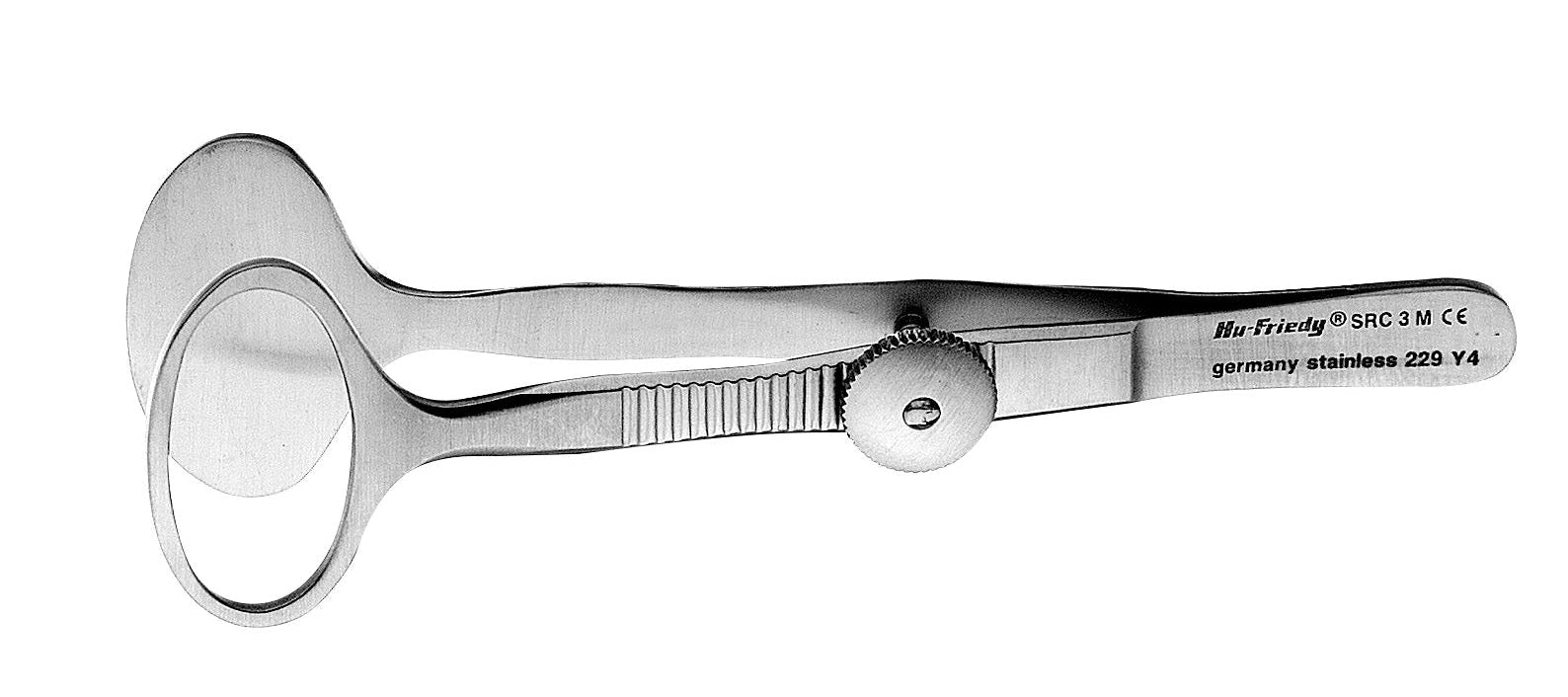 The Hu-Friedy Desmarres Chalazion Retractor by Hu-Friedy is a surgical-grade stainless steel medical instrument with two rounded blades and a screw mechanism, designed for examination or retraction during procedures.
