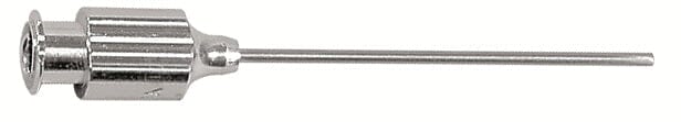 A close-up of the Autoclavable Irrigation Needle – Stainless Steel by Quality Aspirators, featuring a cylindrical luer lock hub and a long, thin shaft, displayed isolated on a white background.