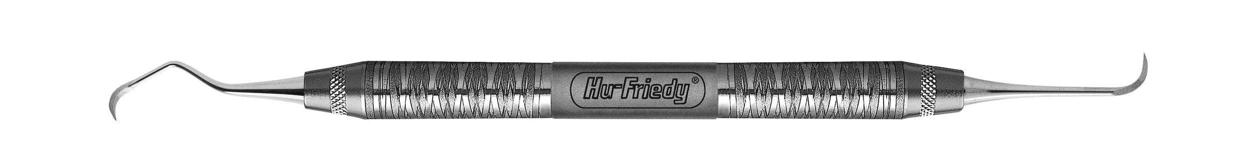 The Hu-Friedy Sugarman Periodontal Surgical Curettes are double-ended dental instruments with metal handles and curved, pointed tips on both ends, ideal for fibrotic tissue removal during surgical debridement.
