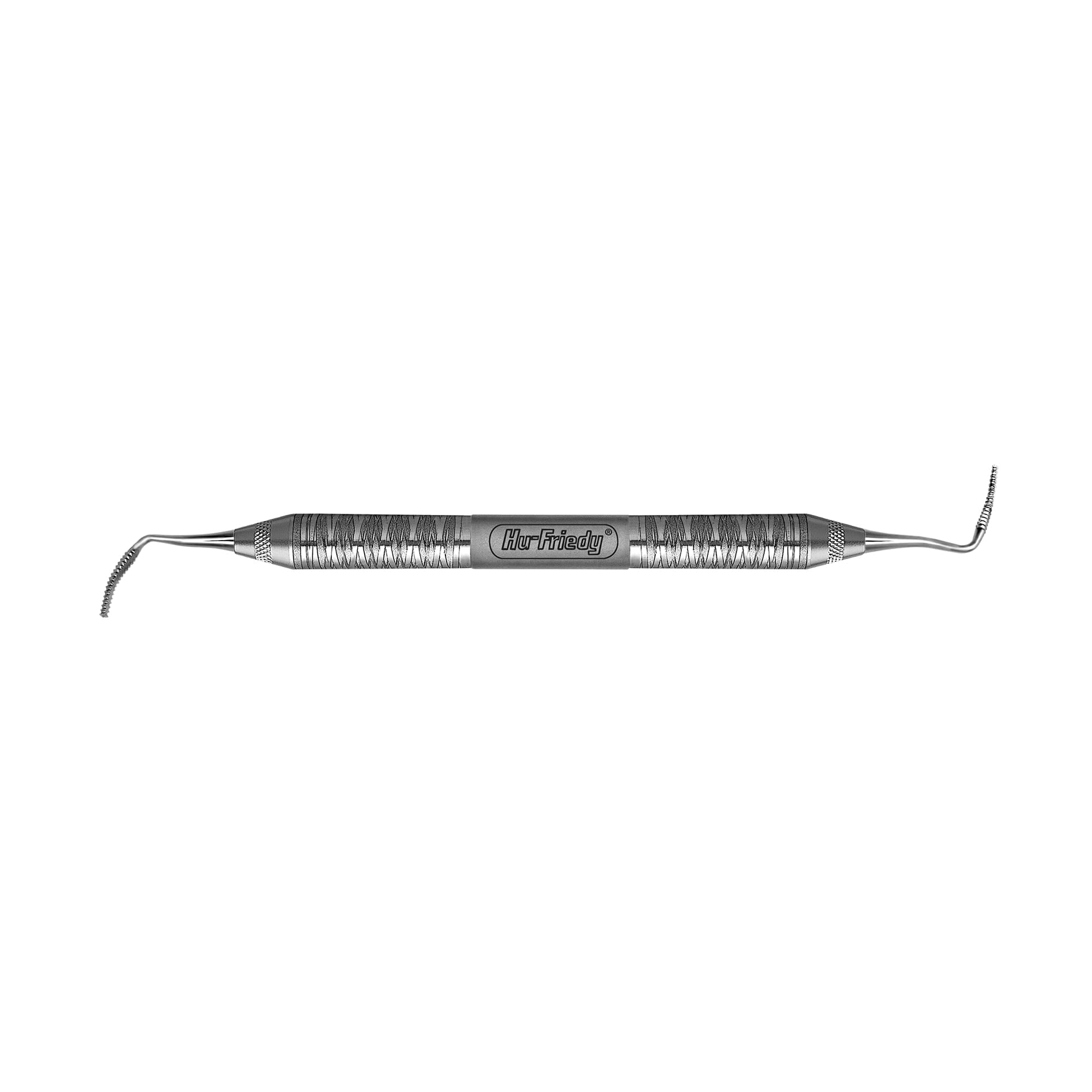 The Hu-Friedy Schluger Periodontal Surgical Files by Hu-Friedy are double-ended stainless steel tools with curved, pointed tips for interproximal access and plaque removal, featuring a textured grip and "Interdental" engraved on the handle.