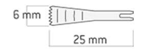 Diagram of a flat, pronged tool with a jagged edge, labeled as 6 mm wide and 25 mm long—commonly utilized in maxillofacial procedures. This design is characteristic of W&H Sagittal Saw Blades by W&H, used for precision during oscillating osteotomy.