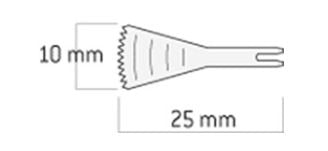 A diagram of the W&H Sagittal Saw Blade, a flat tool with a jagged end measuring 10 mm wide and 25 mm long. The handle features a forked tip, and the blade displays three curved lines, indicating its common use in maxillofacial procedures for oscillating osteotomy with sagittal saw blades by W&H.