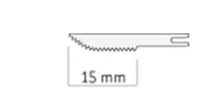 Diagram of a W&H Reciprocating Saw Blade, commonly used in oral and maxillofacial procedures such as osteotomy, with a 15 mm blade length indicated below. The blade by W&H features a straight top edge and serrated bottom edge, characteristic of reciprocating saw blades.