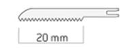 Line illustration of the W&H Reciprocating Saw Blade by W&H, a small serrated blade intended for oral and maxillofacial procedures using reciprocating saws, with a label beneath showing its length as 20 millimeters.
