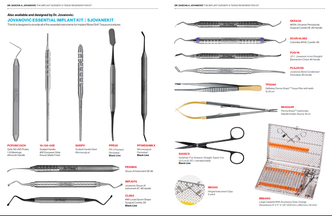 The Hu-Friedy Jovanovic Essential Implant Surgery Kit includes scalers, curettes, a needle holder, scissors, and a storage cassette, with each instrument labeled by product code and description for bone procedures.