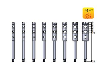 Eight Dentech Internally Cooled Trephine Burs—Stainless Steel, Reusable (CLEARANCE)—are aligned in a row, with steam lines at 132°C indicating sterilization. A vertical scale marks their height at 138 mm.