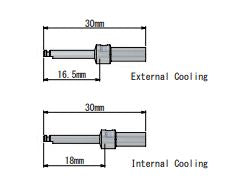 Diagram showing two cylindrical components: top labeled External Cooling (30mm length, 16.5mm section) and bottom labeled Internal Cooling with internal irrigation—ideal for use with the Dentech Drill Extender by Dentech.