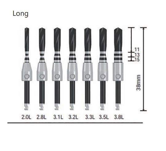 Illustration of seven Dentech Twist Drill Black DLC-Coated Surgical Drills, 38mm long and labeled 2.0L–3.8L with top markings 11, 13, and 15, showing varying thicknesses—ideal for precision implantology procedures.