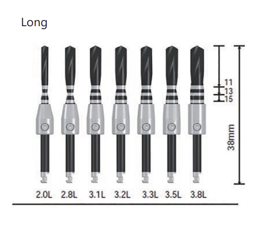 Illustration of seven Dentech Twist Drill Black DLC-Coated Surgical Drills, 38mm long and labeled 2.0L–3.8L with top markings 11, 13, and 15, showing varying thicknesses—ideal for precision implantology procedures.