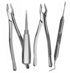 Two metal dental forceps, a straight-tipped dental elevator, and a double-ended dental instrument arranged vertically as part of a Hu-Friedy Minimally Invasive Extraction Kit with Cassette.