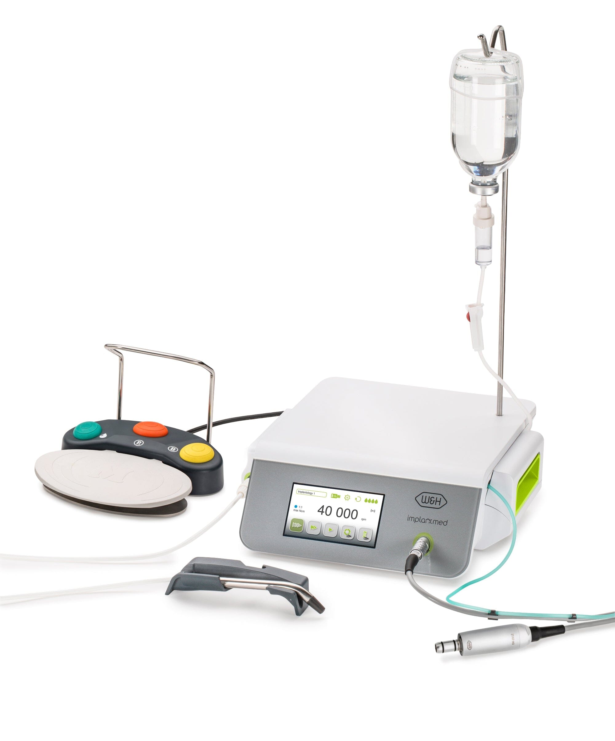 The W&H Implantmed Plus SI-1015 Implant Motor System (120 V) features torque control, a digital display for settings and implant stability, a control panel, colored foot pedal, handpiece, and IV bag for dental surgical procedures.