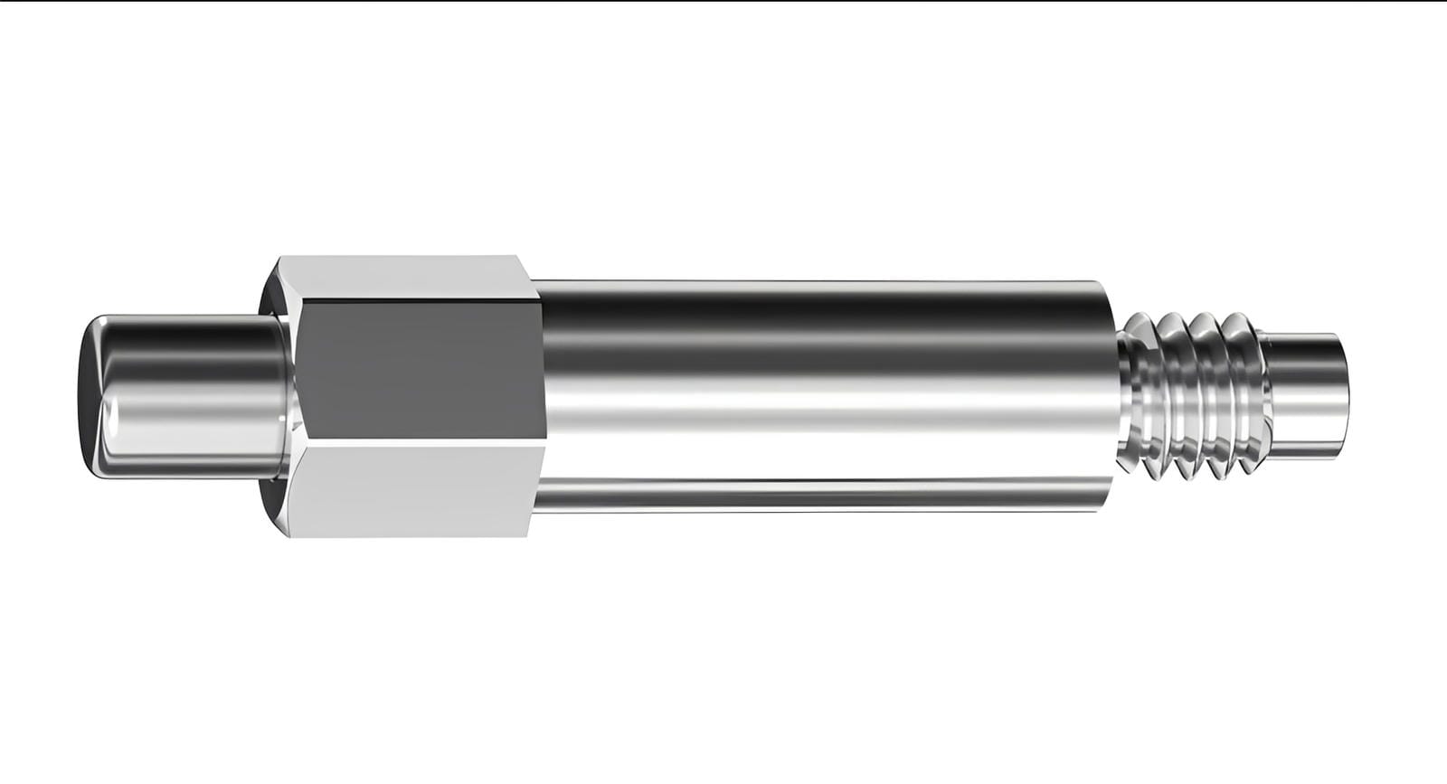 A metallic, cylindrical Osstell SmartPeg by Osstell with a central hexagonal section and a threaded end, designed for implant-specific RFA measurement, is shown against a white background.