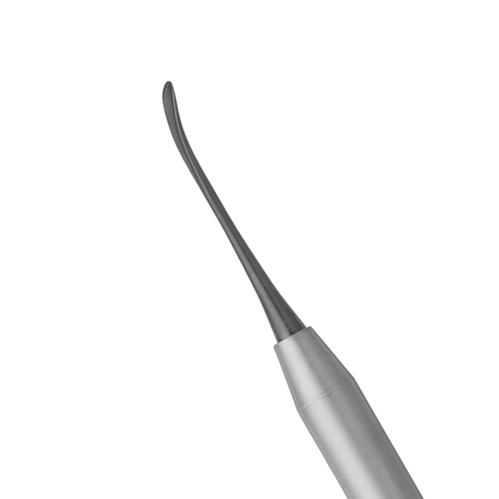 A close-up of the Hu-Friedy Palacci Back Action Chisel, a stainless steel periodontal instrument by Hu-Friedy with a curved, pointed tip, set against a white background.