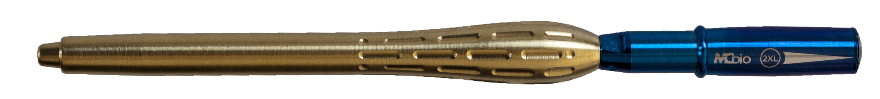 A metallic ballpoint pen features a gold-toned, grooved grip and blue cap labeled Turbo, designed to resemble the McBio MCBio STS Straight Bone Scraper – Anterior instrument.