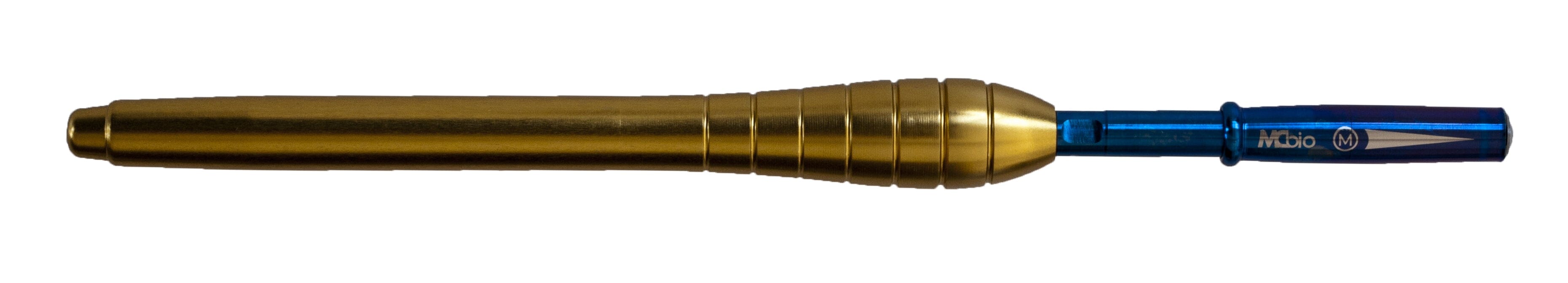 The McBio MCBio STS Straight Bone Scraper – Anterior features a ribbed gold handle and a translucent blue tip, designed for autogenous bone collection. Brand: McBio.