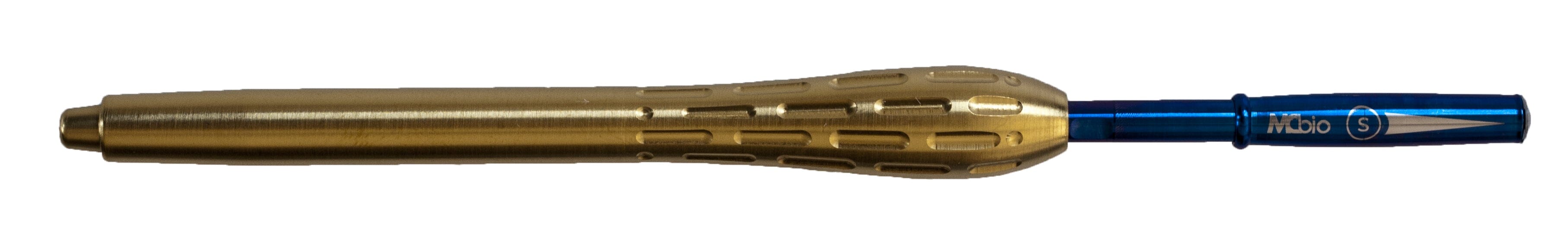The MCBio STS Straight Bone Scraper – Anterior by McBio features a metallic gold, grooved handle reminiscent of a GBR instrument, with a blue refill component partially inserted and exposed at the tip.